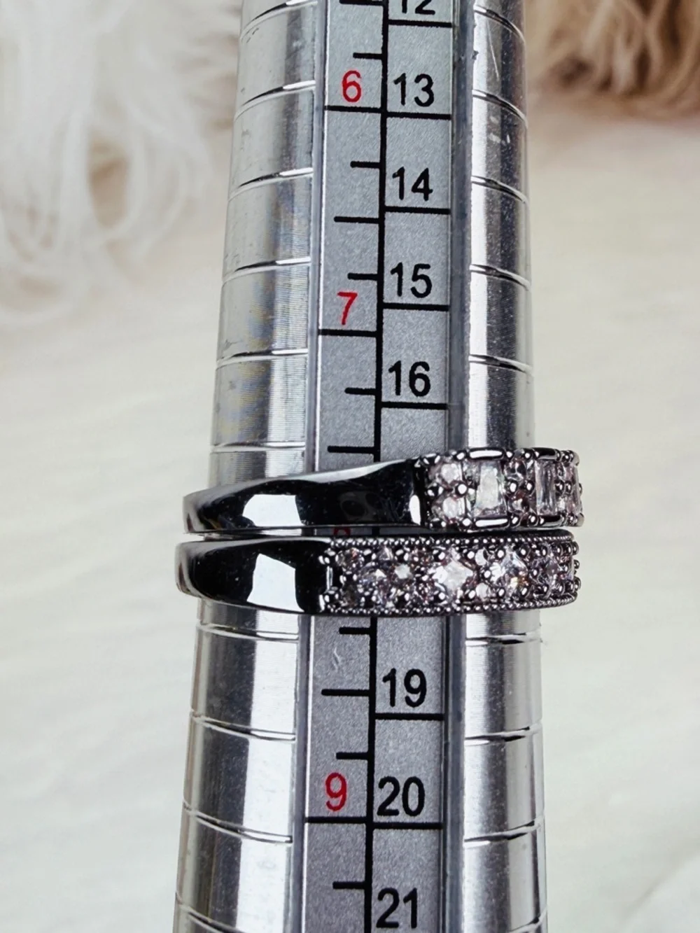 Silvertone Tone Pave Double Band Ring with Clear Stones sz 8
